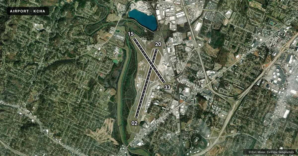 Top-down satellite sketch of KCHA LOVELL FLD in CHATTANOOGA, TENNESSEE, showing runways 02/20, 15/33 drawn to scale over Esri World Imagery