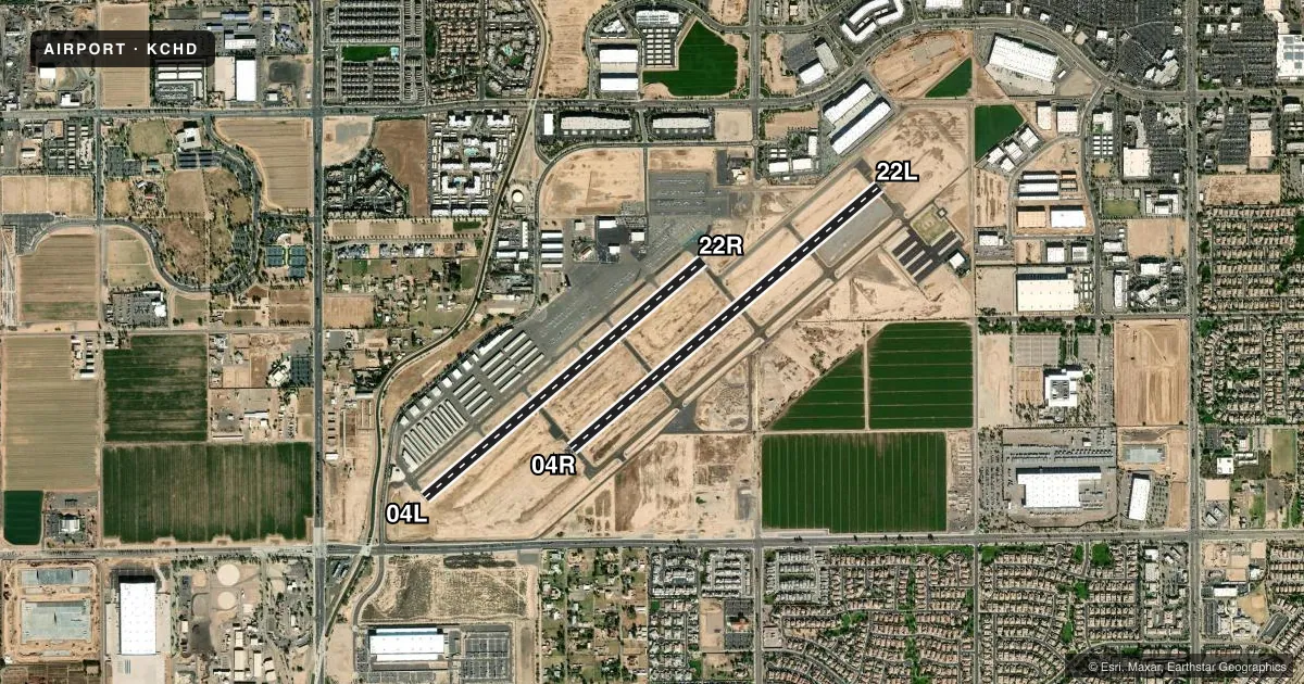 Top-down satellite sketch of KCHD CHANDLER MUNI in CHANDLER, ARIZONA, showing runways 04R/22L, 04L/22R drawn to scale over Esri World Imagery