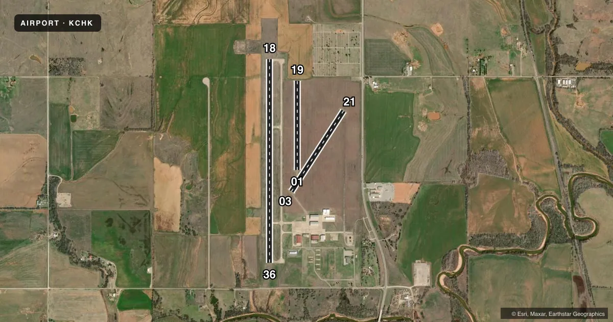 Top-down satellite sketch of KCHK CHICKASHA MUNI in CHICKASHA, OKLAHOMA, showing runways 18/36, 03/21, 01/19 drawn to scale over Esri World Imagery