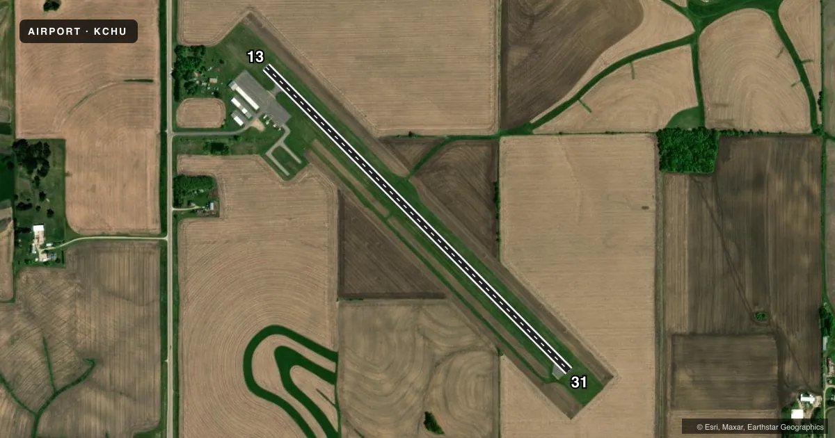 Top-down satellite sketch of KCHU HOUSTON COUNTY in CALEDONIA, MINNESOTA, showing runways 13/31 drawn to scale over Esri World Imagery