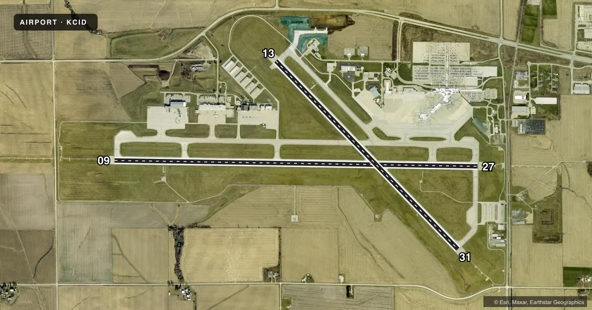Top-down satellite sketch of KCID THE EASTERN IOWA in CEDAR RAPIDS, IOWA, showing runways 09/27, 13/31 drawn to scale over Esri World Imagery