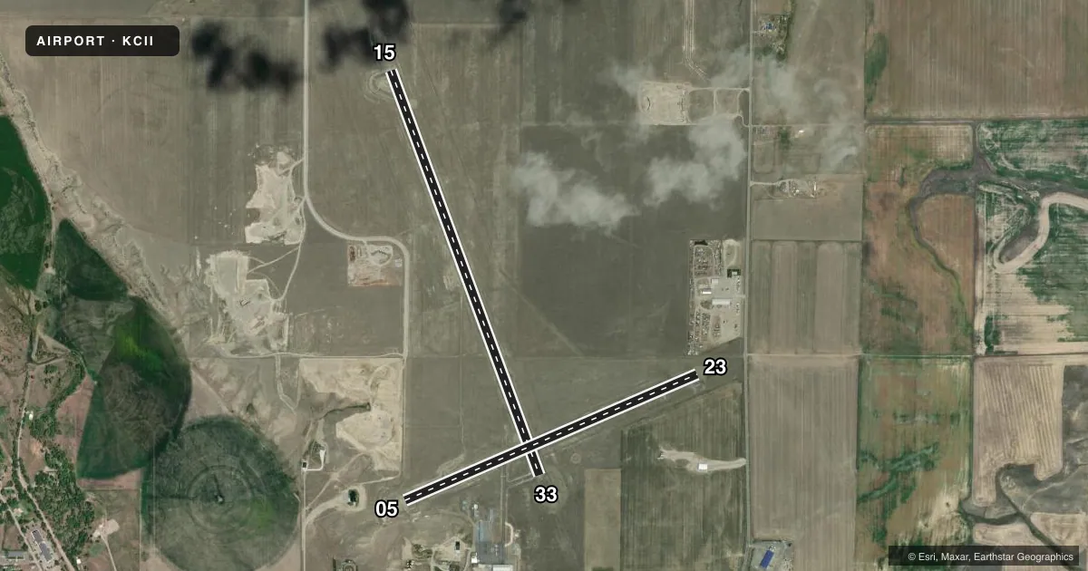 Top-down satellite sketch of KCII CHOTEAU in CHOTEAU, MONTANA, showing runways 15/33, 05/23 drawn to scale over Esri World Imagery