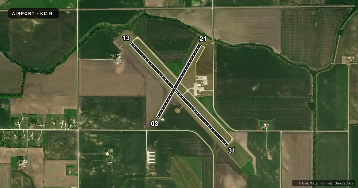 Top-down satellite sketch of KCIN ARTHUR N NEU in CARROLL, IOWA, showing runways 13/31, 03/21 drawn to scale over Esri World Imagery