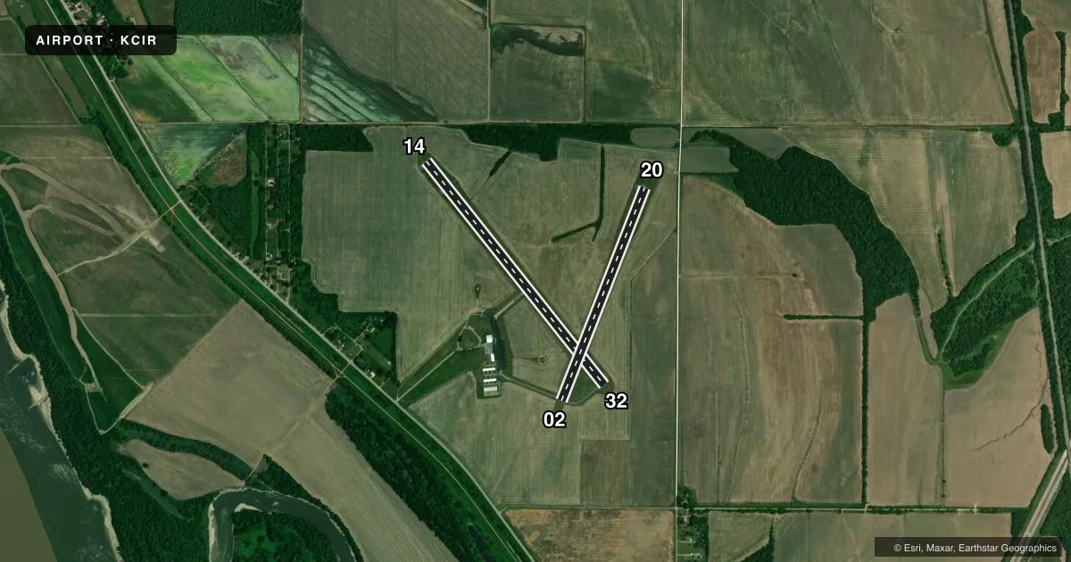 Top-down satellite sketch of KCIR CAIRO RGNL in CAIRO, ILLINOIS, showing runways 14/32, 02/20 drawn to scale over Esri World Imagery
