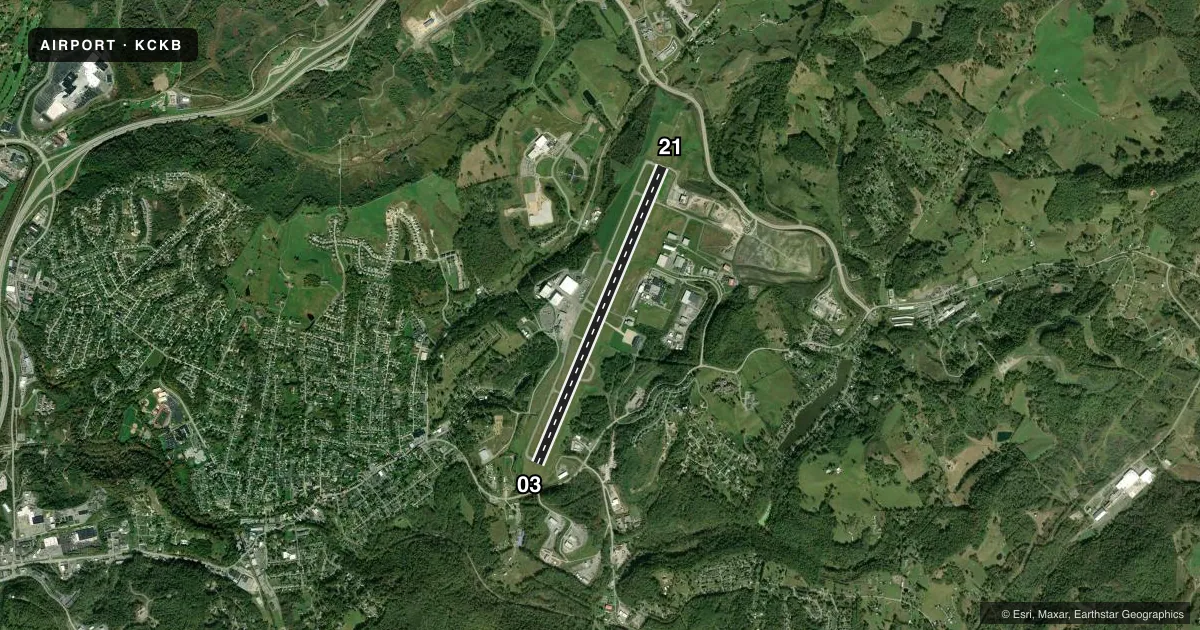 Top-down satellite sketch of KCKB NORTH CENTRAL WEST VIRGINIA in CLARKSBURG, WEST VIRGINIA, showing runways 03/21 drawn to scale over Esri World Imagery