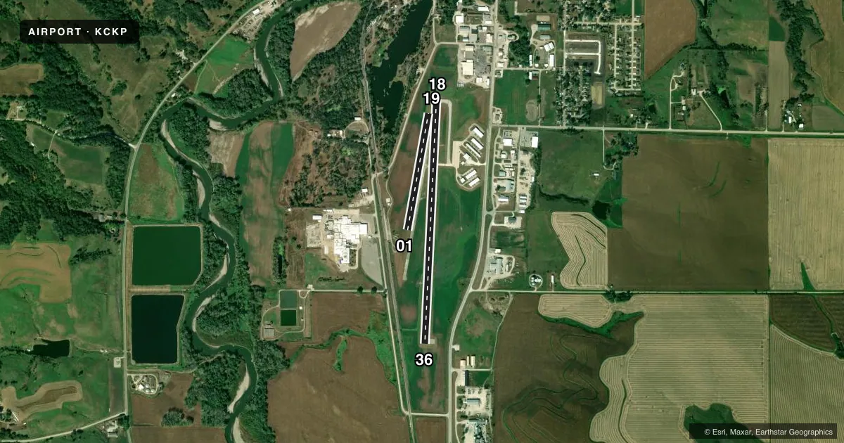 Top-down satellite sketch of KCKP CHEROKEE COUNTY RGNL in CHEROKEE, IOWA, showing runways 18/36, 01/19 drawn to scale over Esri World Imagery