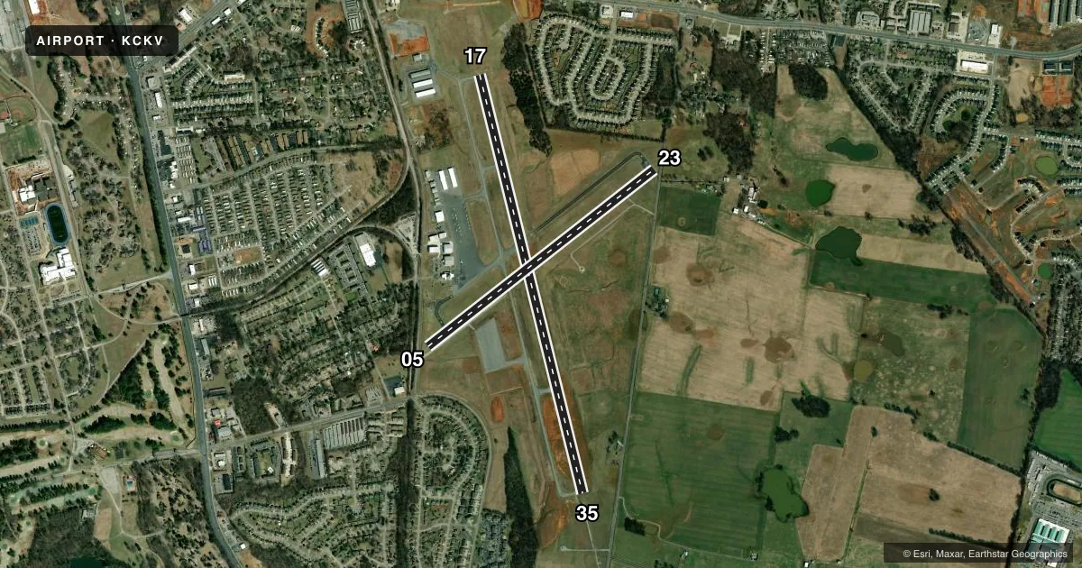 Top-down satellite sketch of KCKV OUTLAW FLD in CLARKSVILLE, TENNESSEE, showing runways 17/35, 05/23 drawn to scale over Esri World Imagery
