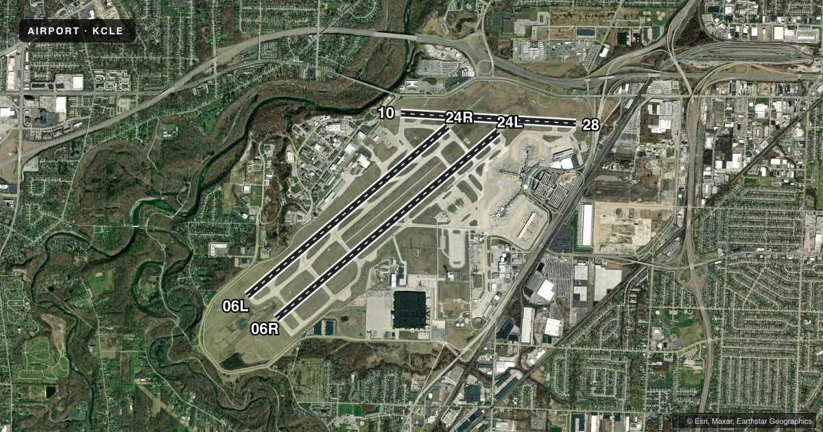 Top-down satellite sketch of KCLE CLEVELAND-HOPKINS INTL in CLEVELAND, OHIO, showing runways 06R/24L, 06L/24R, 10/28 drawn to scale over Esri World Imagery