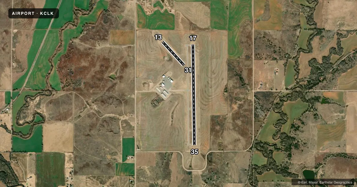 Top-down satellite sketch of KCLK CLINTON RGNL in CLINTON, OKLAHOMA, showing runways 17/35, 13/31 drawn to scale over Esri World Imagery