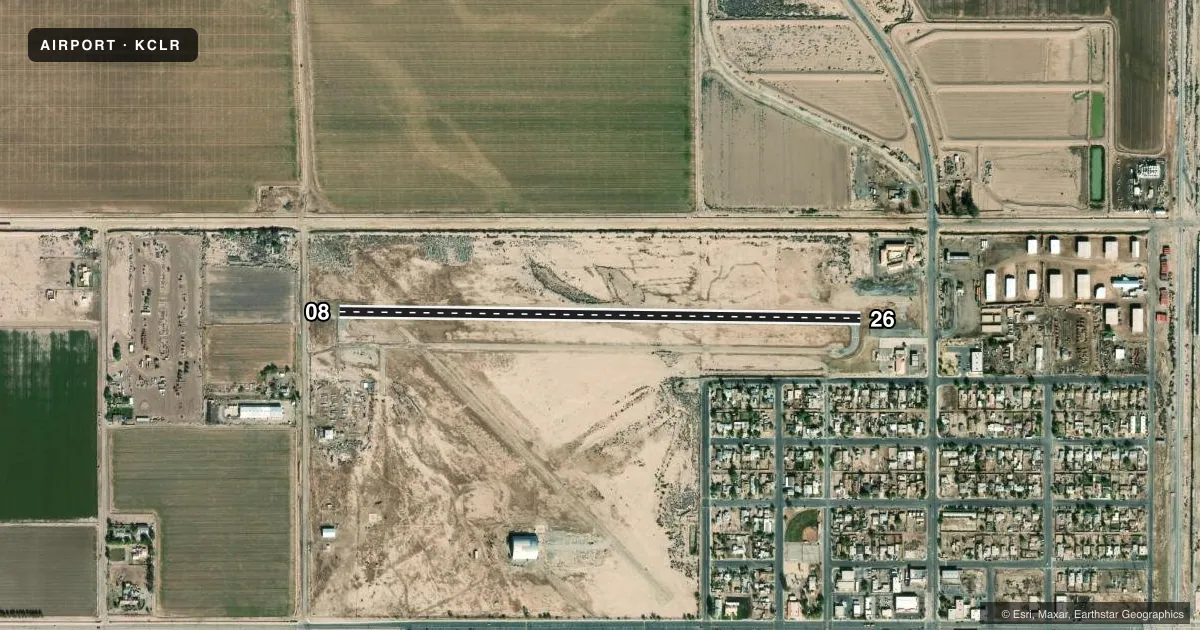 Top-down satellite sketch of KCLR CLIFF HATFIELD MEML in CALIPATRIA, CALIFORNIA, showing runways 08/26 drawn to scale over Esri World Imagery