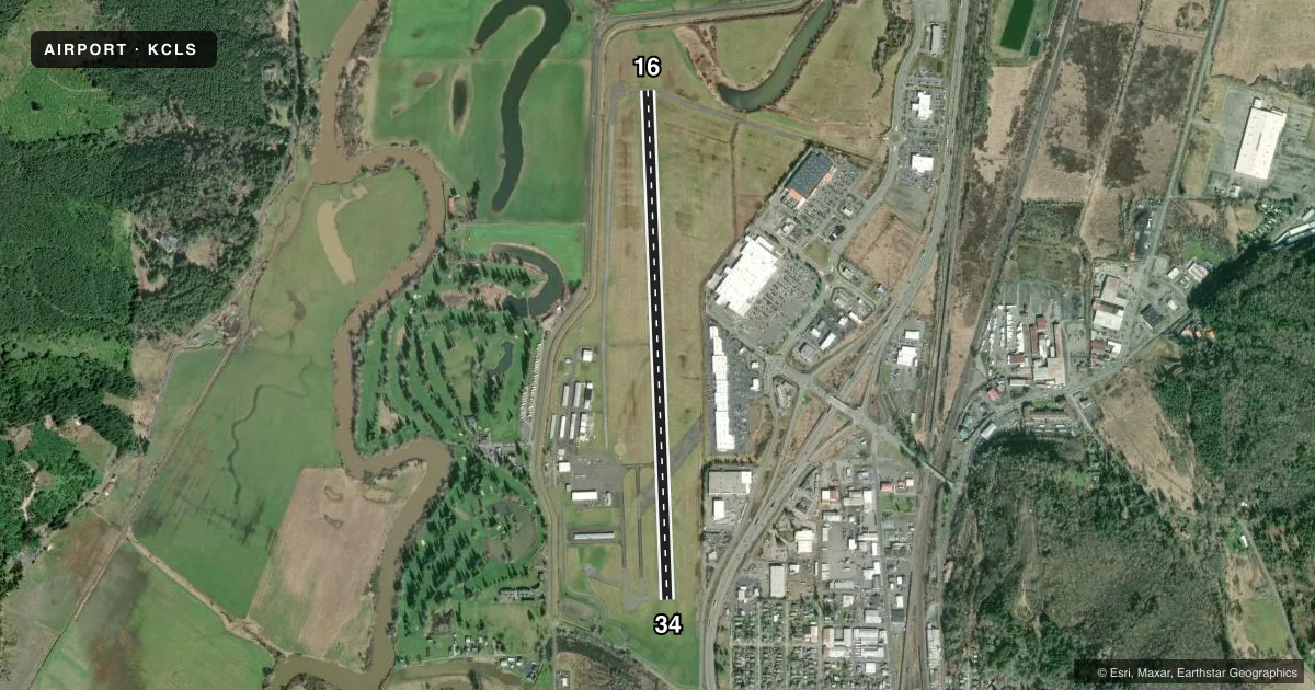 Top-down satellite sketch of KCLS CHEHALIS-CENTRALIA in CHEHALIS, WASHINGTON, showing runways 16/34 drawn to scale over Esri World Imagery