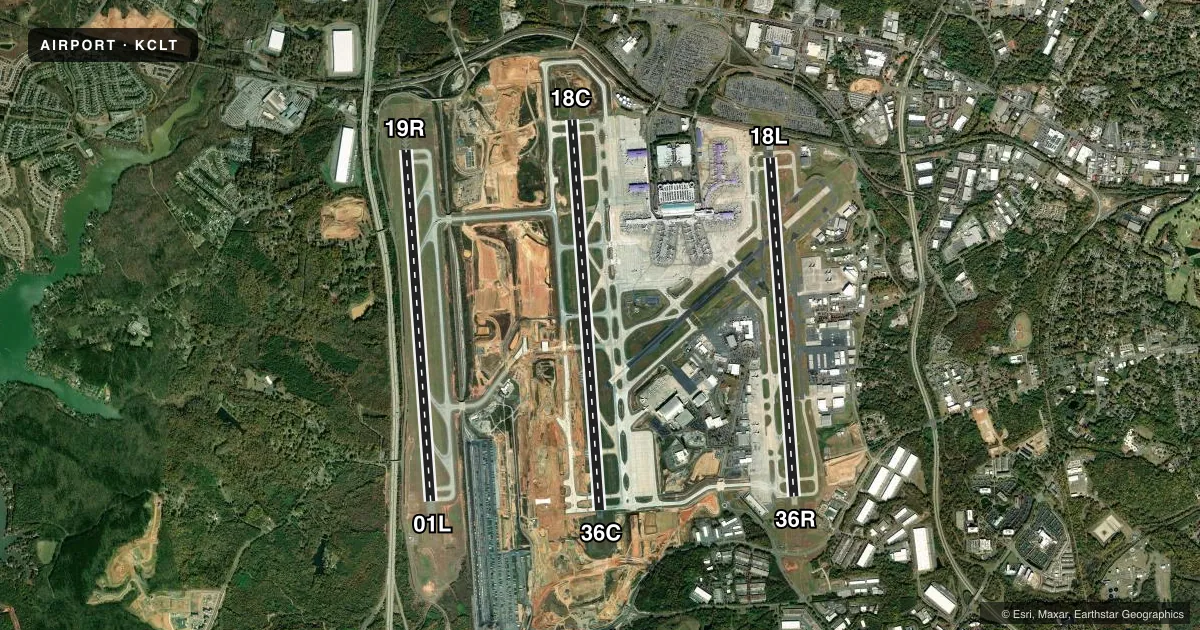 Top-down satellite sketch of KCLT CHARLOTTE/DOUGLAS INTL in CHARLOTTE, NORTH CAROLINA, showing runways 18C/36C, 01L/19R, 18L/36R drawn to scale over Esri World Imagery