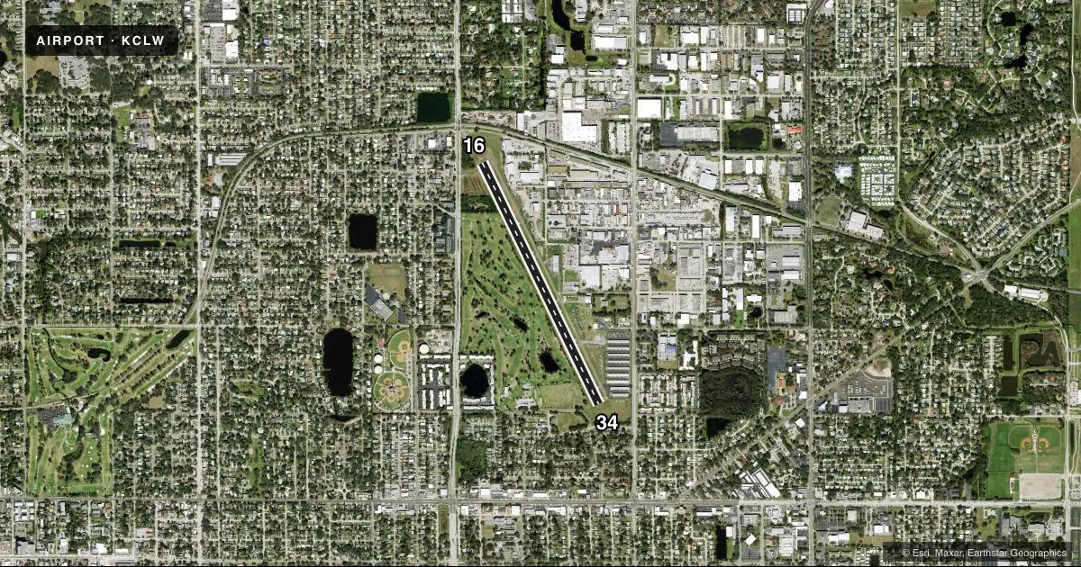 Top-down satellite sketch of KCLW CLEARWATER EXEC in CLEARWATER, FLORIDA, showing runways 16/34 drawn to scale over Esri World Imagery
