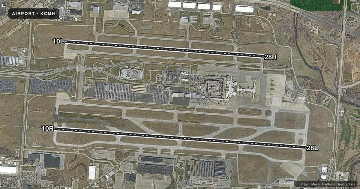 Top-down satellite sketch of KCMH JOHN GLENN COLUMBUS INTL in COLUMBUS, OHIO, showing runways 10R/28L, 10L/28R drawn to scale over Esri World Imagery