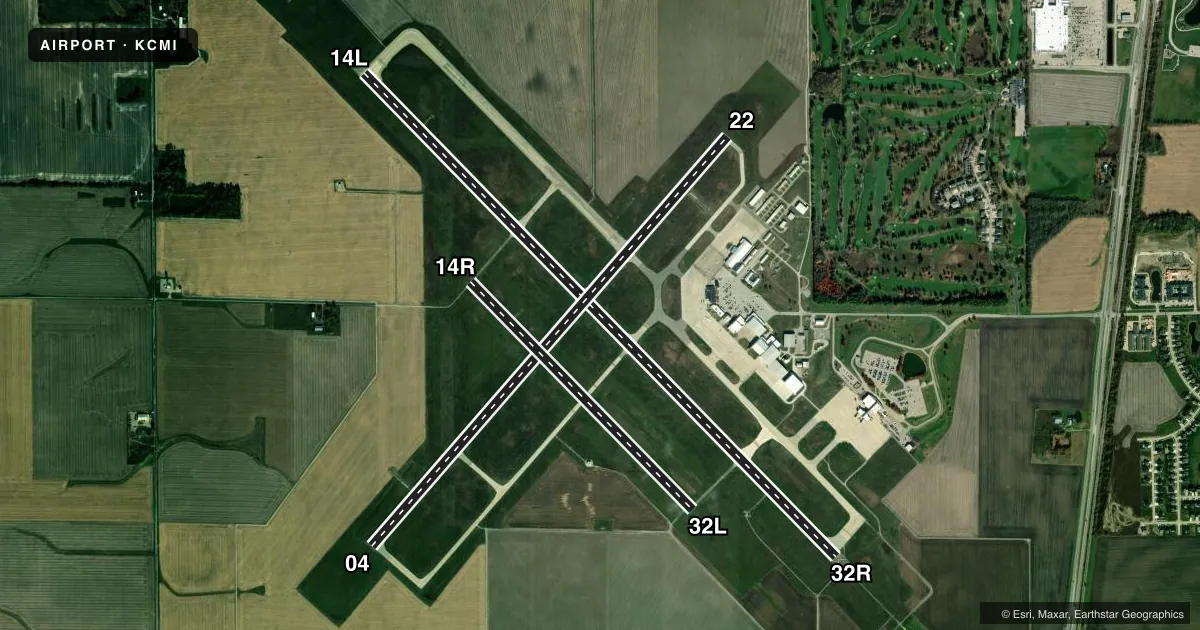 Top-down satellite sketch of KCMI UNIVERSITY OF ILLINOIS/WILLARD in CHAMPAIGN/URBANA, ILLINOIS, showing runways 14L/32R, 04/22, 14R/32L drawn to scale over Esri World Imagery
