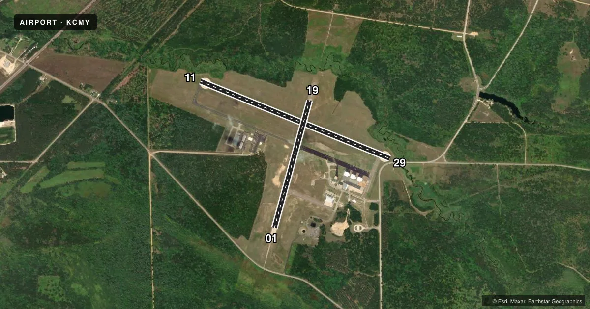 Top-down satellite sketch of KCMY SPARTA/FORT MC COY in SPARTA, WISCONSIN, showing runways 11/29, 01/19 drawn to scale over Esri World Imagery