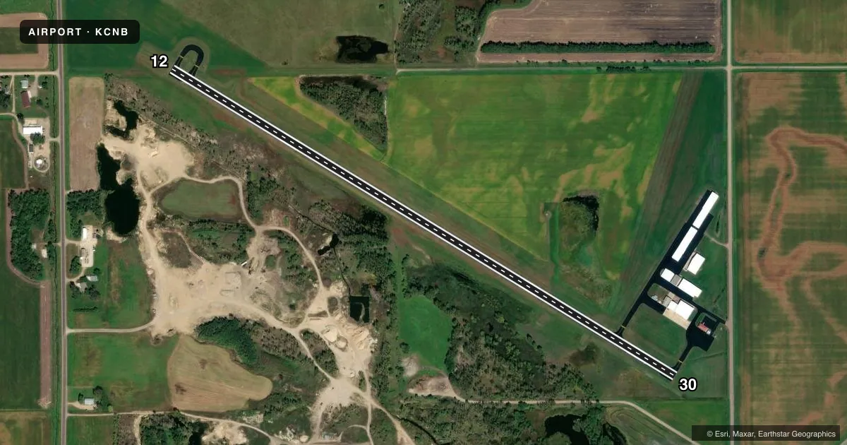 Top-down satellite sketch of KCNB MYERS FLD in CANBY, MINNESOTA, showing runways 12/30 drawn to scale over Esri World Imagery