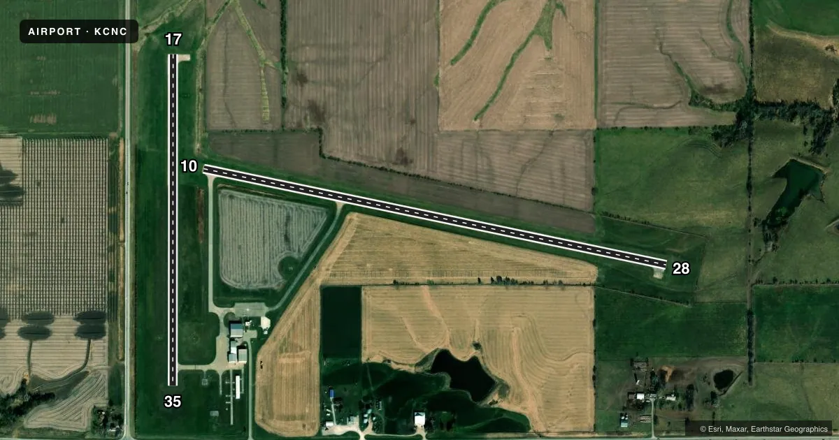 Top-down satellite sketch of KCNC CHARITON MUNI in CHARITON, IOWA, showing runways 10/28, 17/35 drawn to scale over Esri World Imagery