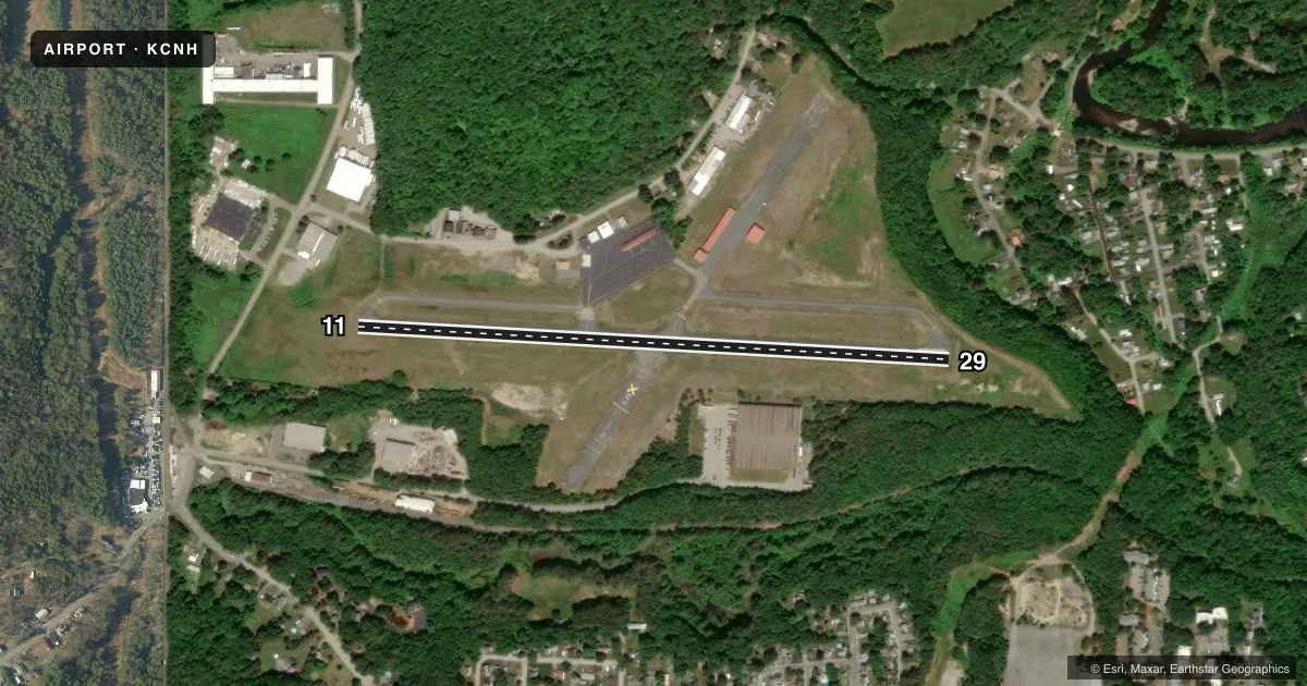 Top-down satellite sketch of KCNH CLAREMONT MUNI in CLAREMONT, NEW HAMPSHIRE, showing runways 11/29 drawn to scale over Esri World Imagery