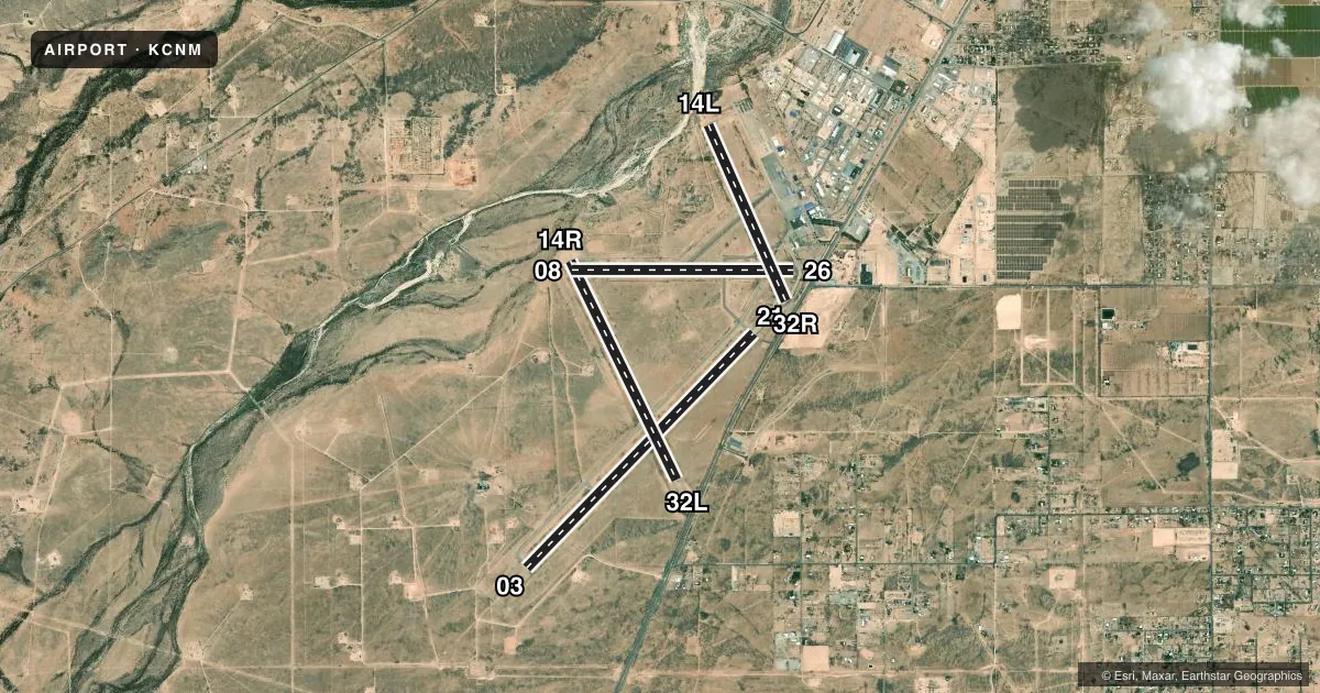 Top-down satellite sketch of KCNM CAVERN CITY AIR TRML in CARLSBAD, NEW MEXICO, showing runways 03/21, 14R/32L, 08/26, 14L/32R drawn to scale over Esri World Imagery