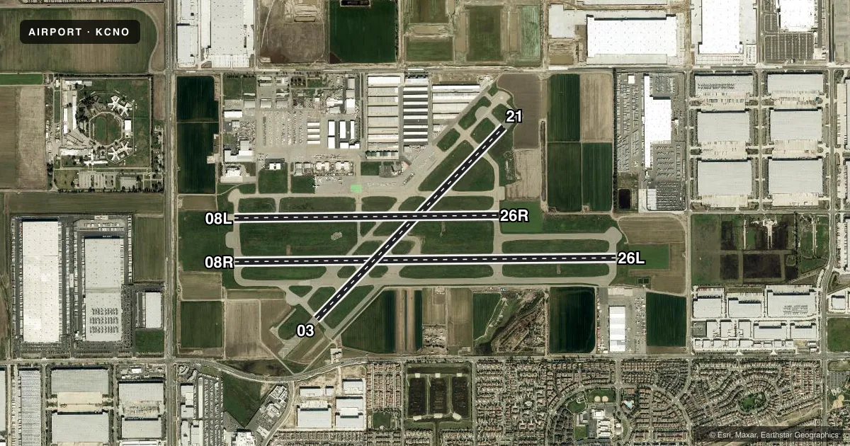 Top-down satellite sketch of KCNO CHINO in CHINO, CALIFORNIA, showing runways 08R/26L, 03/21, 08L/26R drawn to scale over Esri World Imagery
