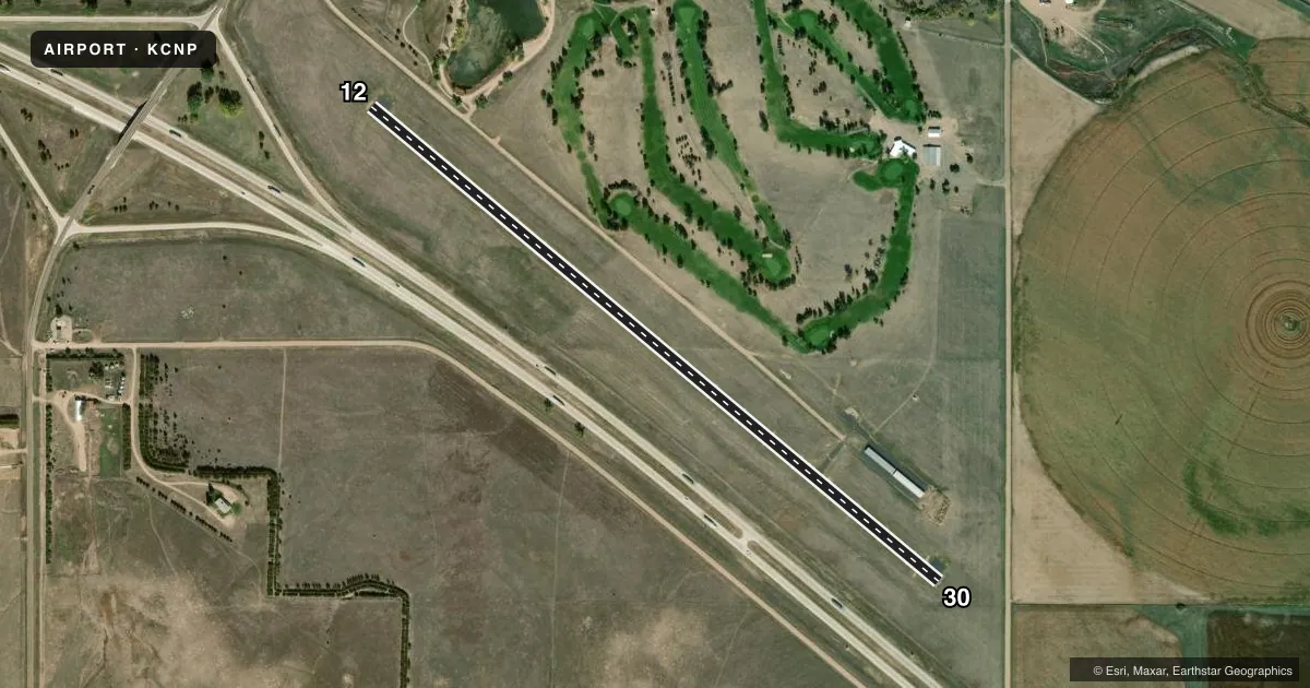 Top-down satellite sketch of KCNP BILLY G RAY FLD in CHAPPELL, NEBRASKA, showing runways 12/30 drawn to scale over Esri World Imagery