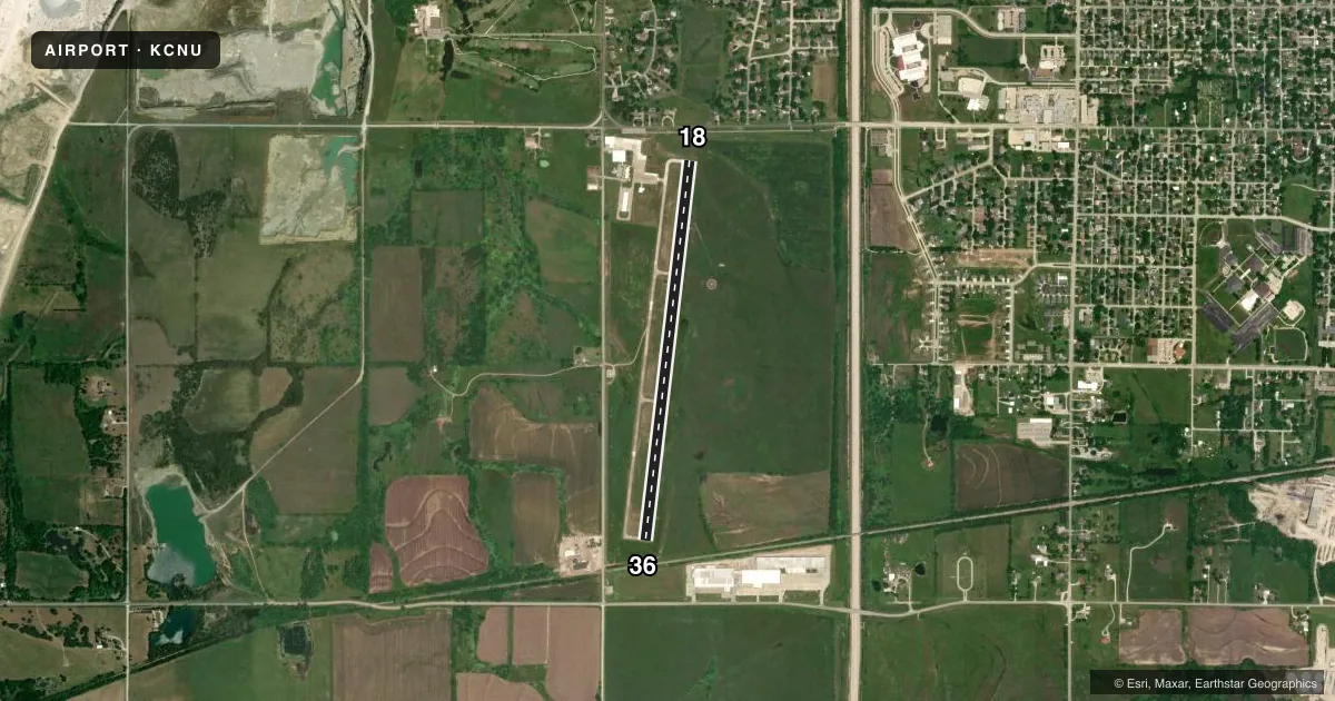 Top-down satellite sketch of KCNU CHANUTE MARTIN JOHNSON in CHANUTE, KANSAS, showing runways 18/36 drawn to scale over Esri World Imagery