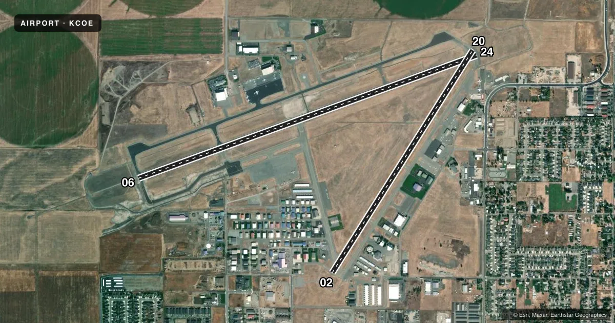 Top-down satellite sketch of KCOE COEUR D'ALENE in COEUR D'ALENE, IDAHO, showing runways 06/24, 02/20 drawn to scale over Esri World Imagery