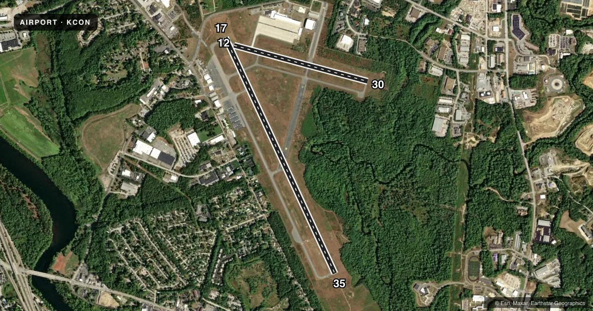 Top-down satellite sketch of KCON CONCORD MUNI in CONCORD, NEW HAMPSHIRE, showing runways 17/35, 12/30 drawn to scale over Esri World Imagery
