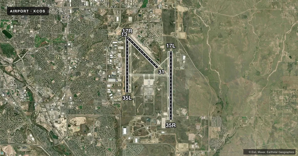 Top-down satellite sketch of KCOS CITY OF COLORADO SPRINGS MUNI in COLORADO SPRINGS, COLORADO, showing runways 17L/35R, 17R/35L, 13/31 drawn to scale over Esri World Imagery