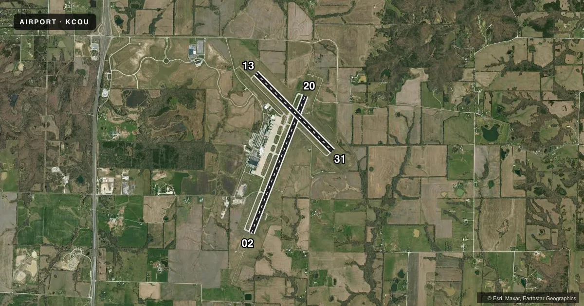 Top-down satellite sketch of KCOU COLUMBIA RGNL in COLUMBIA, MISSOURI, showing runways 02/20, 13/31 drawn to scale over Esri World Imagery