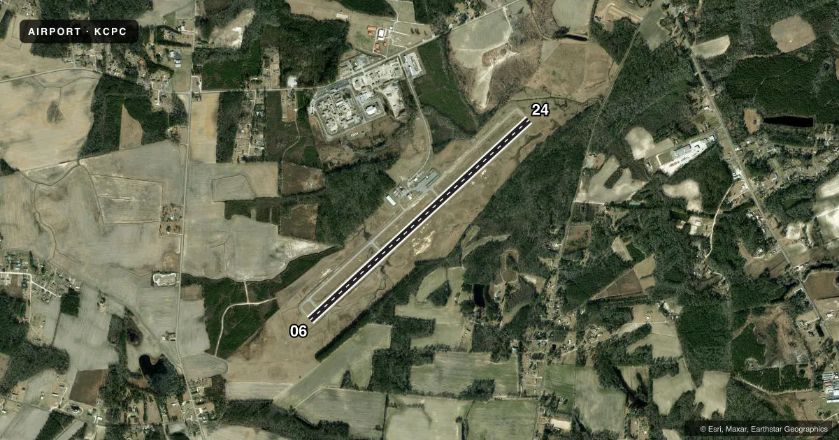 Top-down satellite sketch of KCPC COLUMBUS COUNTY RGNL in WHITEVILLE, NORTH CAROLINA, showing runways 06/24 drawn to scale over Esri World Imagery