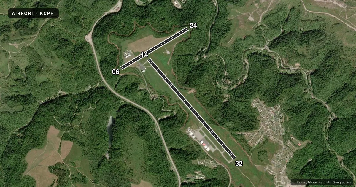 Top-down satellite sketch of KCPF WENDELL H FORD in HAZARD, KENTUCKY, showing runways 14/32, 06/24 drawn to scale over Esri World Imagery