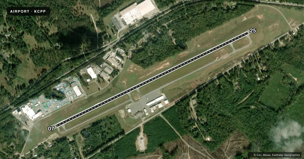 Top-down satellite sketch of KCPP GREENE COUNTY RGNL in GREENSBORO, GEORGIA, showing runways 07/25 drawn to scale over Esri World Imagery