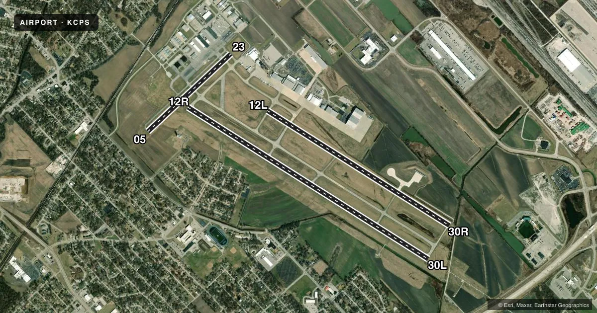 Top-down satellite sketch of KCPS ST LOUIS DOWNTOWN in CAHOKIA/ST LOUIS, ILLINOIS, showing runways 12R/30L, 12L/30R, 05/23 drawn to scale over Esri World Imagery