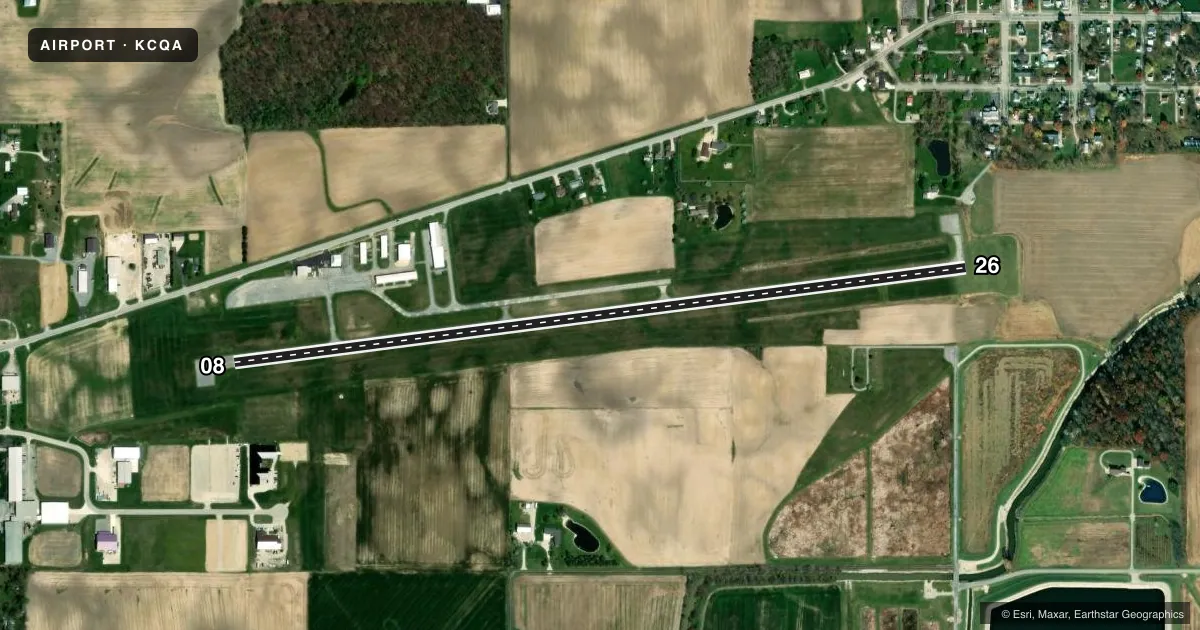 Top-down satellite sketch of KCQA LAKEFIELD in CELINA, OHIO, showing runways 08/26 drawn to scale over Esri World Imagery