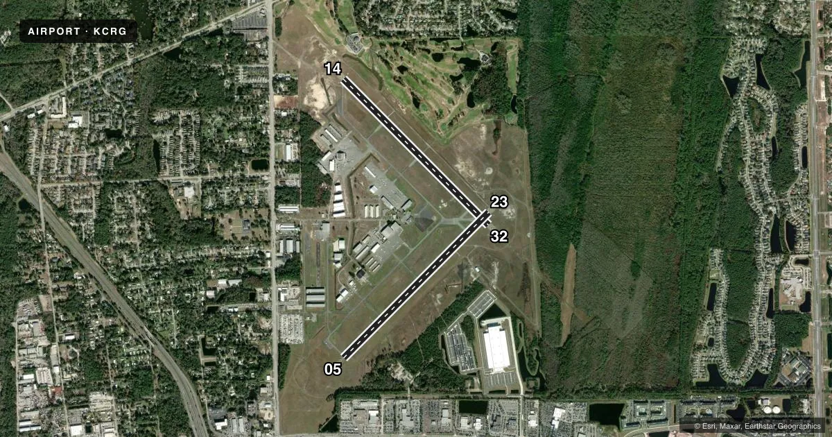 Top-down satellite sketch of KCRG JACKSONVILLE EXEC AT CRAIG in JACKSONVILLE, FLORIDA, showing runways 14/32, 05/23 drawn to scale over Esri World Imagery