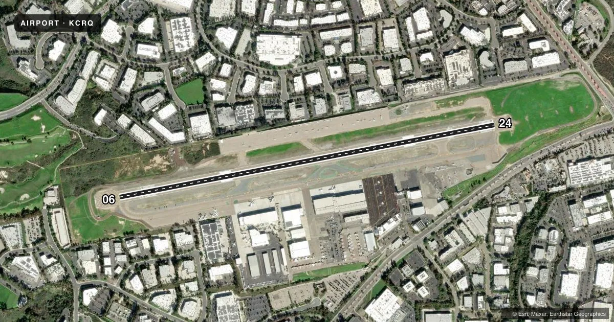 Top-down satellite sketch of KCRQ MC CLELLAN-PALOMAR in CARLSBAD, CALIFORNIA, showing runways 06/24 drawn to scale over Esri World Imagery