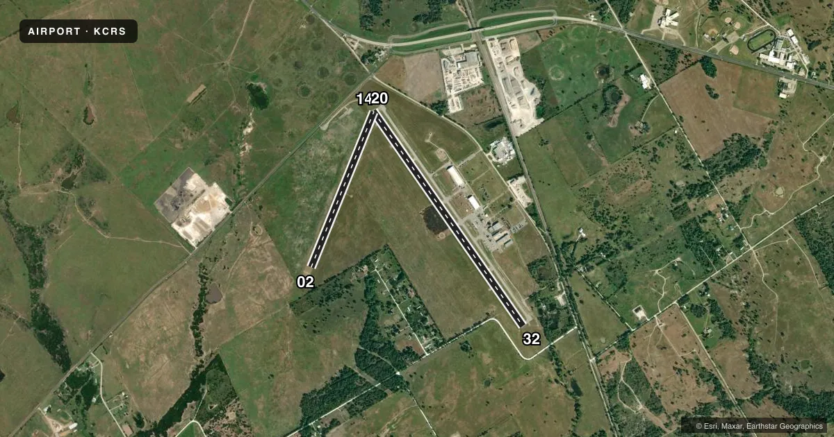Top-down satellite sketch of KCRS C DAVID CAMPBELL FLD-CORSICANA MUNI in CORSICANA, TEXAS, showing runways 14/32, 02/20 drawn to scale over Esri World Imagery