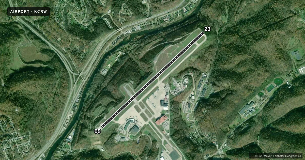 Top-down satellite sketch of KCRW WEST VIRGINIA INTL YEAGER in CHARLESTON, WEST VIRGINIA, showing runways 05/23 drawn to scale over Esri World Imagery