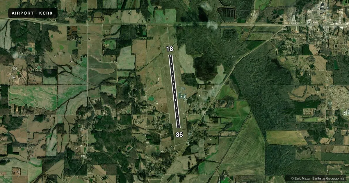 Top-down satellite sketch of KCRX ROSCOE TURNER in CORINTH, MISSISSIPPI, showing runways 18/36 drawn to scale over Esri World Imagery