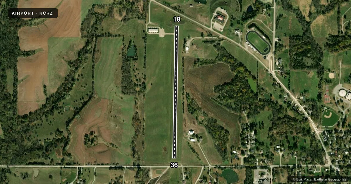 Top-down satellite sketch of KCRZ CORNING MUNI in CORNING, IOWA, showing runways 18/36 drawn to scale over Esri World Imagery