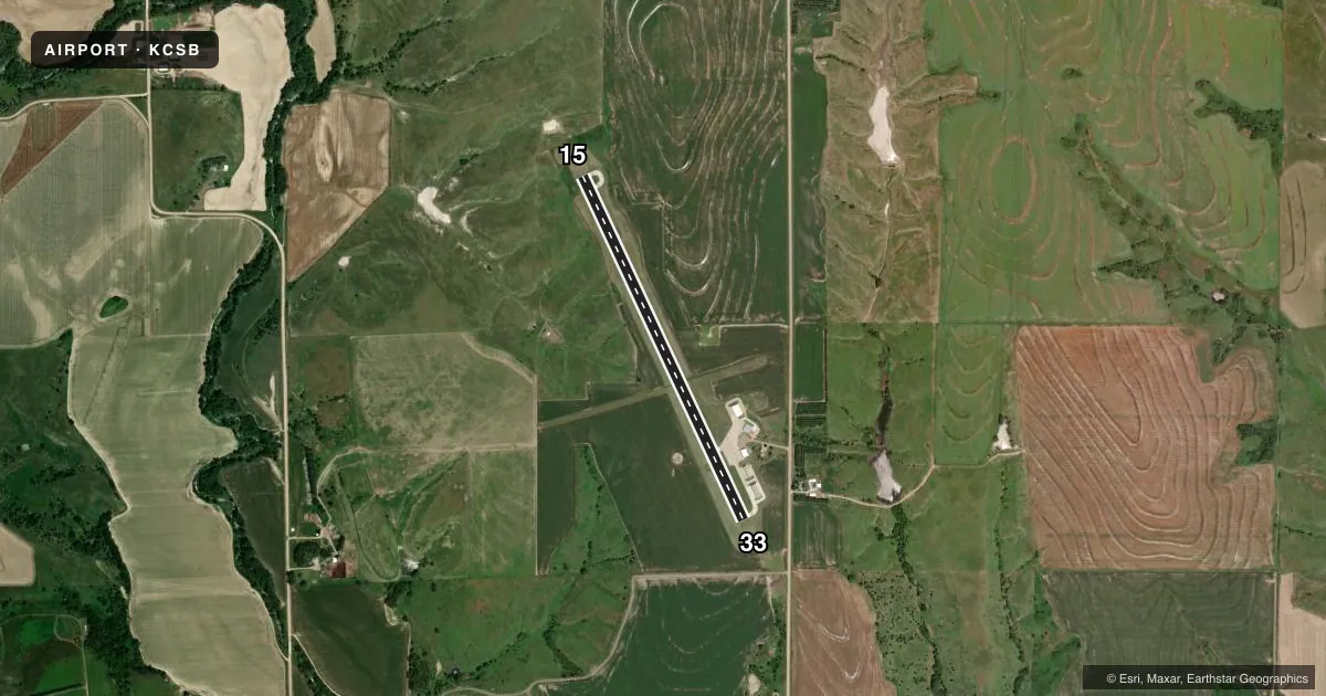 Top-down satellite sketch of KCSB CAMBRIDGE MUNI in CAMBRIDGE, NEBRASKA, showing runways 15/33 drawn to scale over Esri World Imagery