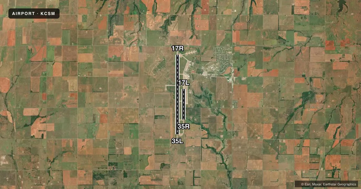 Top-down satellite sketch of KCSM INFINITY ONE OKLAHOMA SPACEPORT in BURNS FLAT, OKLAHOMA, showing runways 17R/35L, 17L/35R drawn to scale over Esri World Imagery
