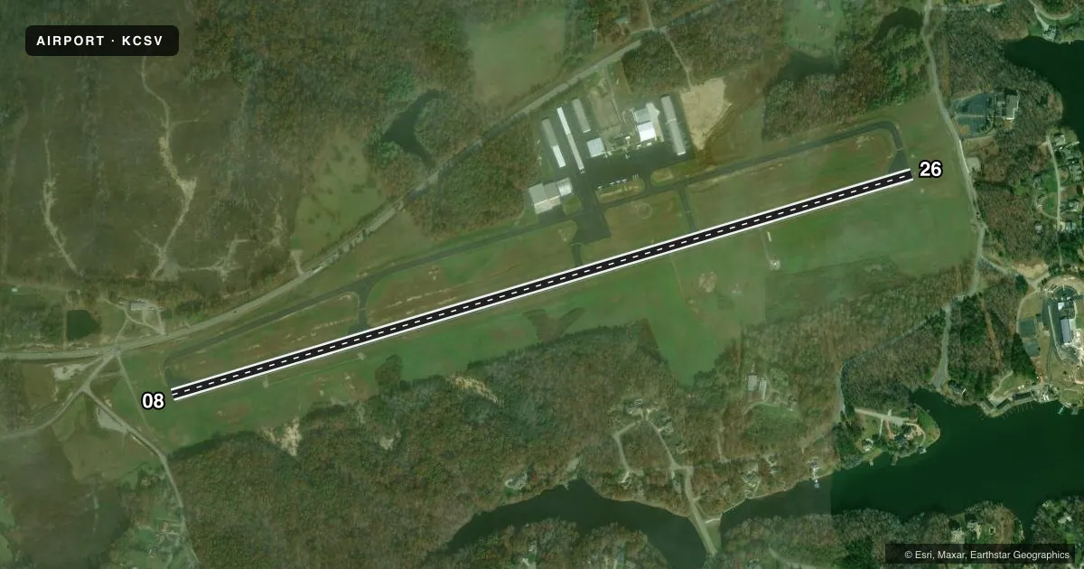 Top-down satellite sketch of KCSV CROSSVILLE MEML-WHITSON FLD in CROSSVILLE, TENNESSEE, showing runways 08/26 drawn to scale over Esri World Imagery