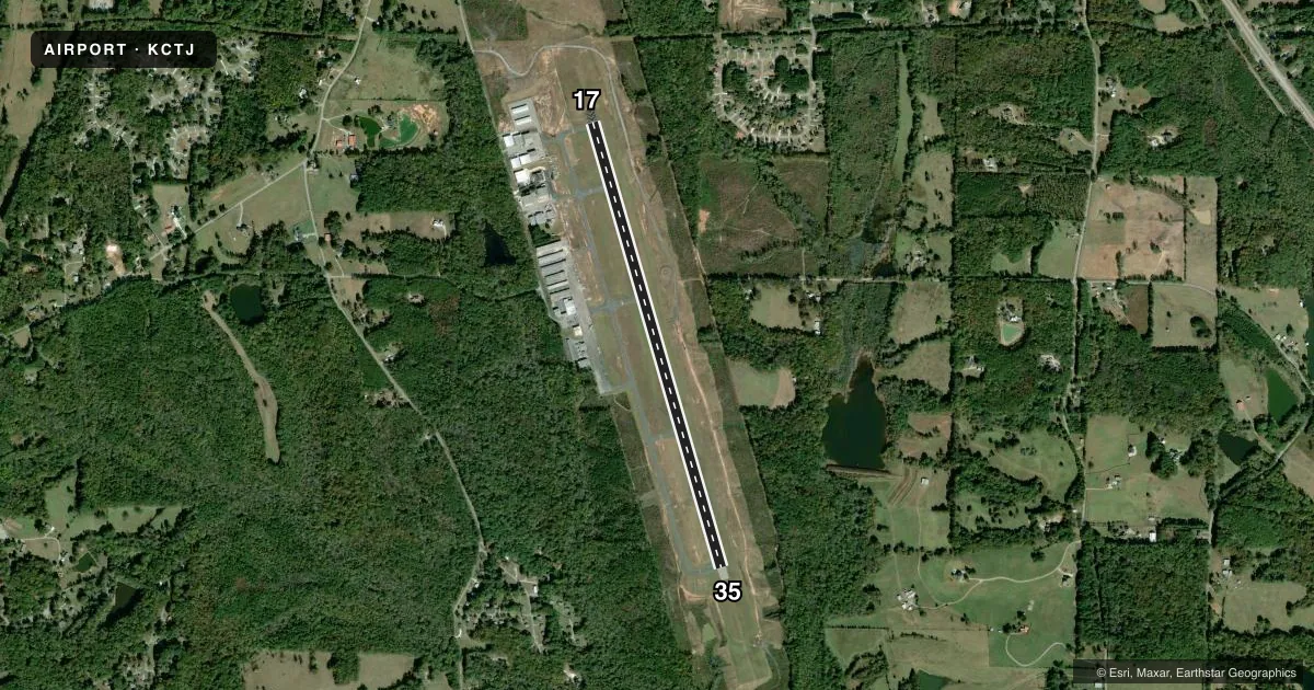 Top-down satellite sketch of KCTJ WEST GEORGIA RGNL/O V GRAY FLD in CARROLLTON, GEORGIA, showing runways 17/35 drawn to scale over Esri World Imagery