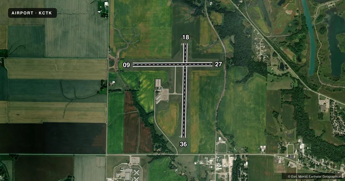 Top-down satellite sketch of KCTK INGERSOLL in CANTON, ILLINOIS, showing runways 18/36, 09/27 drawn to scale over Esri World Imagery