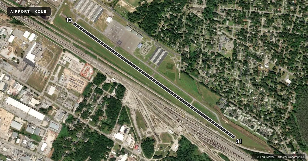 Top-down satellite sketch of KCUB JIM HAMILTON L B OWENS in COLUMBIA, SOUTH CAROLINA, showing runways 13/31 drawn to scale over Esri World Imagery