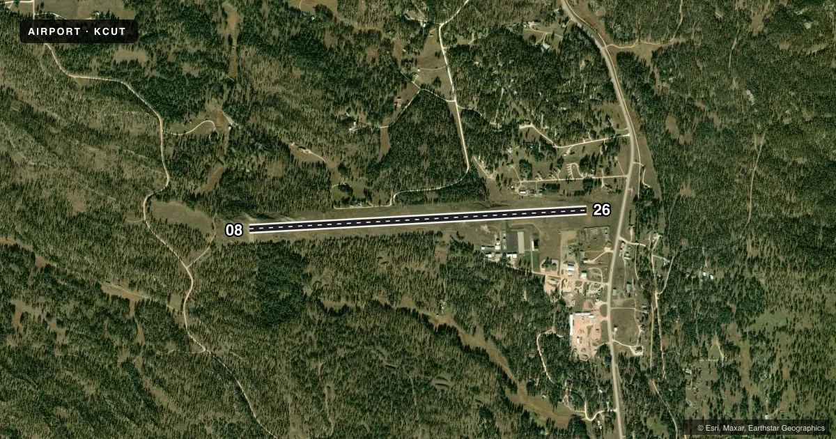 Top-down satellite sketch of KCUT CUSTER COUNTY in CUSTER, SOUTH DAKOTA, showing runways 08/26 drawn to scale over Esri World Imagery