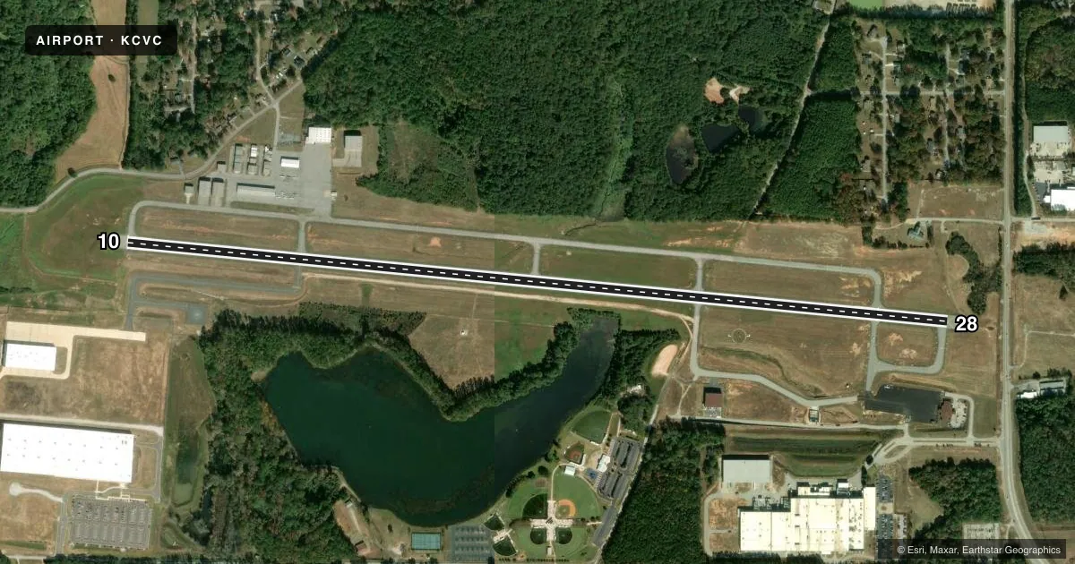 Top-down satellite sketch of KCVC COVINGTON MUNI in ATLANTA, GEORGIA, showing runways 10/28 drawn to scale over Esri World Imagery